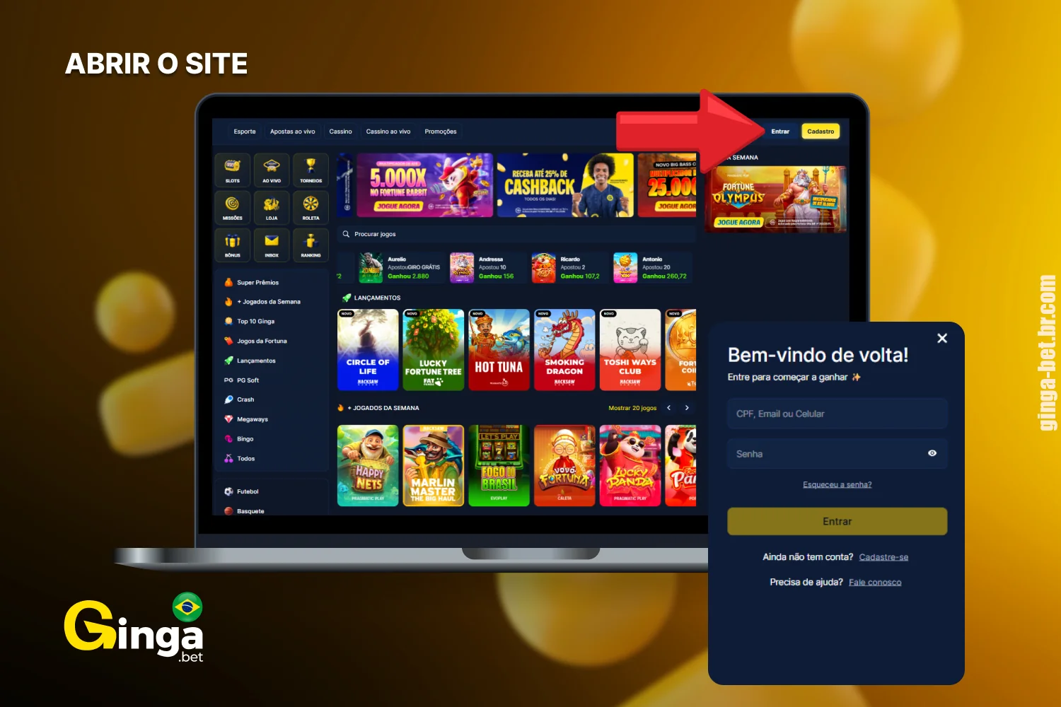 Abra o site do Gingabet para acessar sua conta