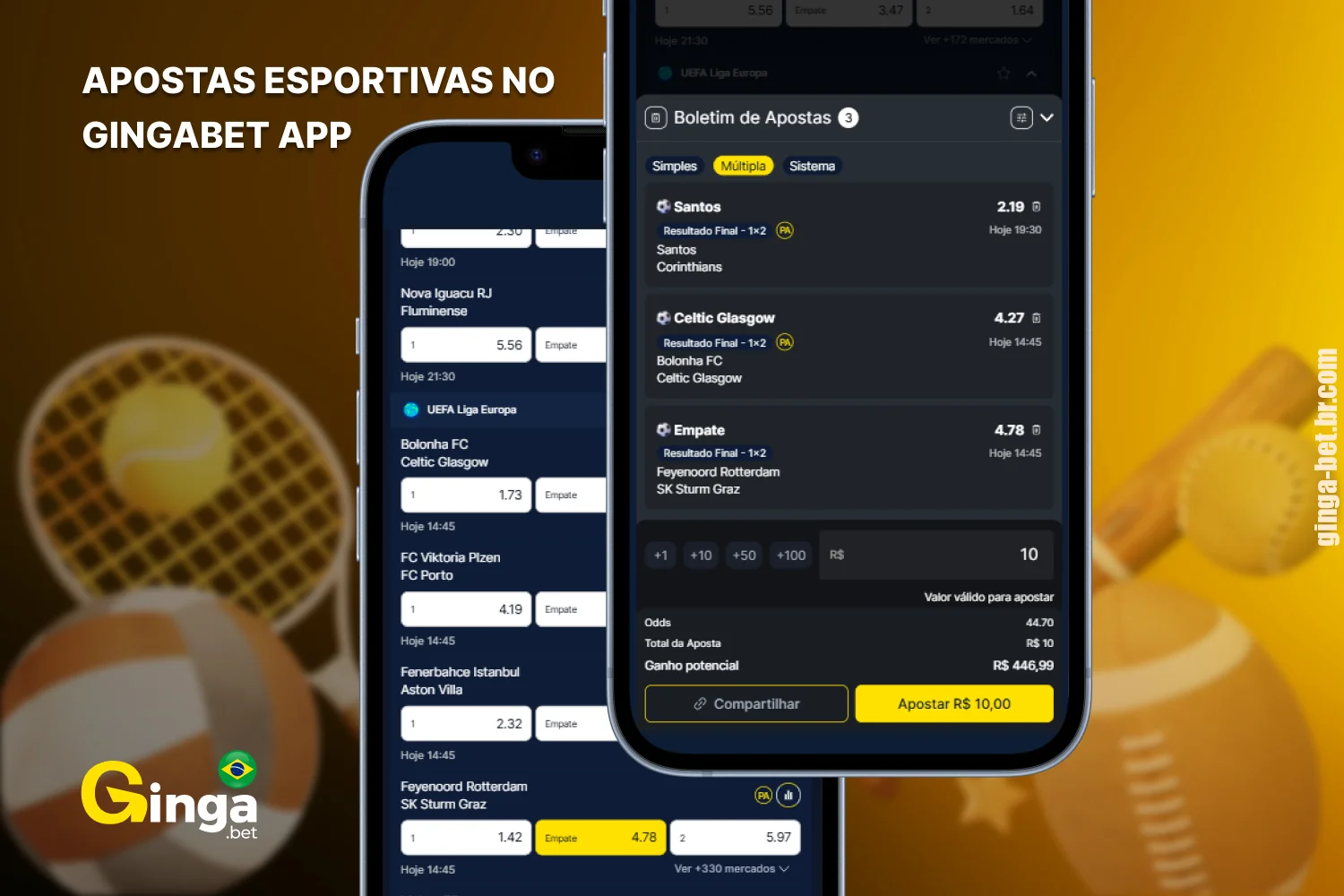 O aplicativo Gingabet reúne os esportes mais populares entre os jogadores brasileiros e oferece diversos tipos de apostas para cada modalidade esportiva