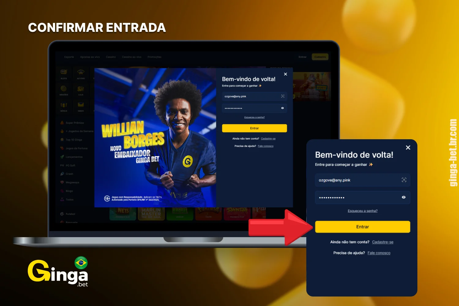 Clique no botão "Entrar" para acessar seu perfil no Gingabet