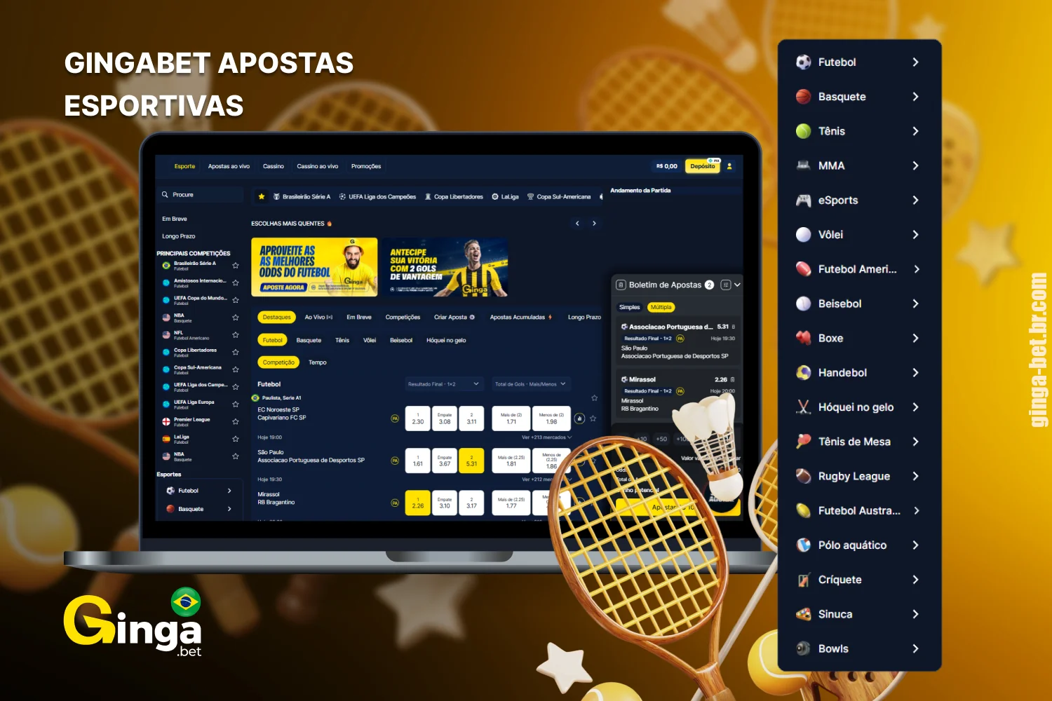 O Gingabet oferece ao público brasileiro apostas esportivas com uma ampla cobertura de diferentes esportes e mercados