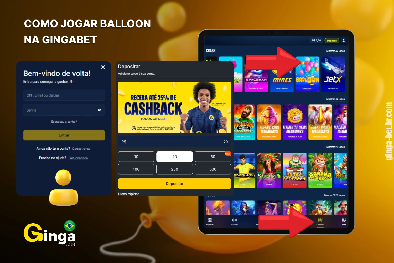 Para começar a jogar Ginga bet Balloon, precisa de criar uma conta e depositar fundos na mesma